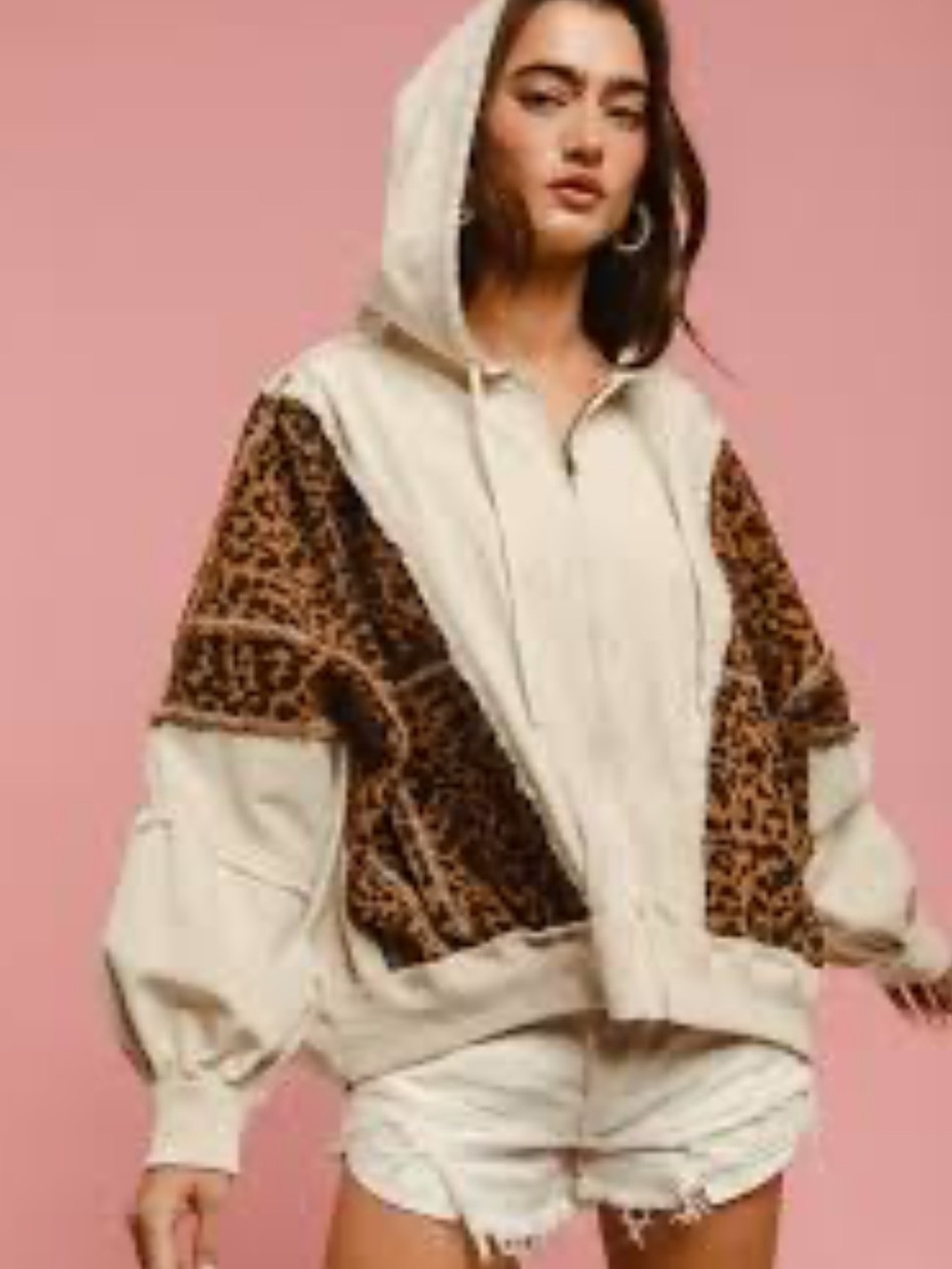NWT BiBi Cream Hoodie Jacket with Brown Leopard Panels 1X